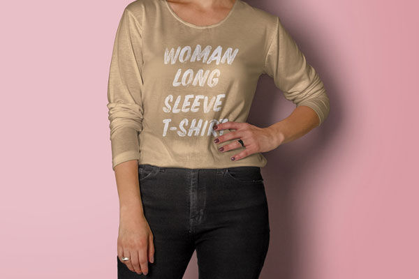 Front View of Standing Woman Wearing Long Sleeve T-shirt Mockup