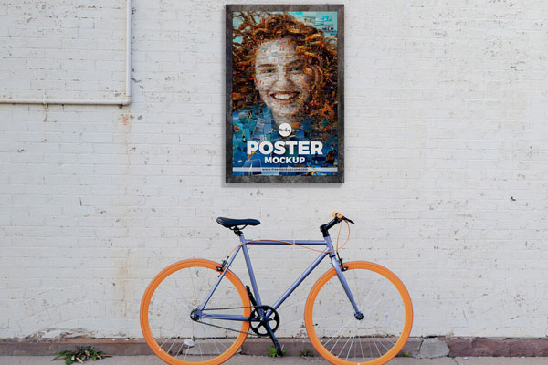 Front View of Street Wall Mounted Poster Mockup with Bicycle