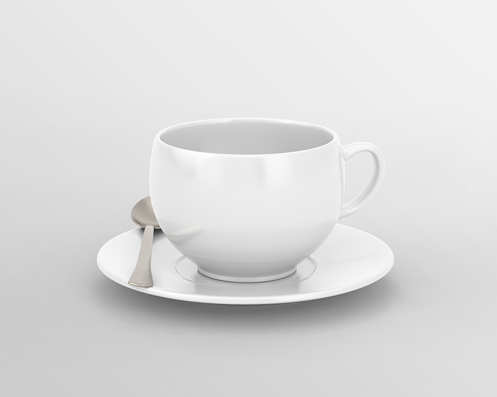 Front View of Tea Cup Mockup Featuring Saucer and Silver Spoon