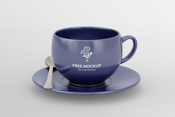 Front View of Tea Cup Mockup Featuring Saucer and Silver Spoon