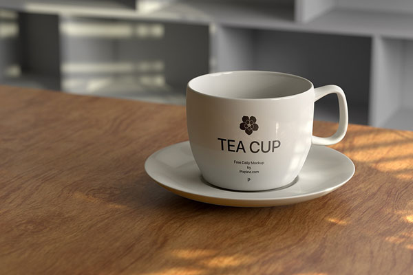 Front View of Tea Cup Mockup on Wooden Desk