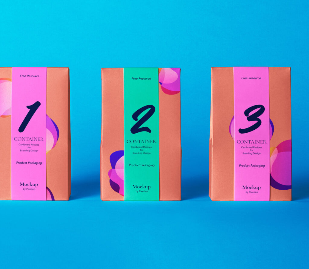Front View of Three Classic Cardboard Pouch Packaging Mockup