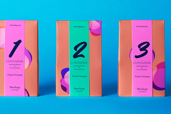 Front View of Three Classic Cardboard Pouch Packaging Mockup