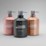 Front View of Three Metallic Pump Dispenser Bottles Mockup