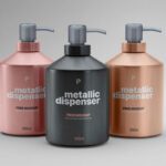 Front View of Three Metallic Pump Dispenser Bottles Mockup