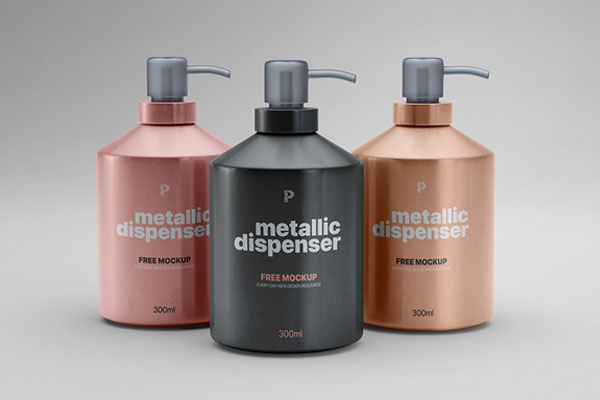 Front View of Three Metallic Pump Dispenser Bottles Mockup