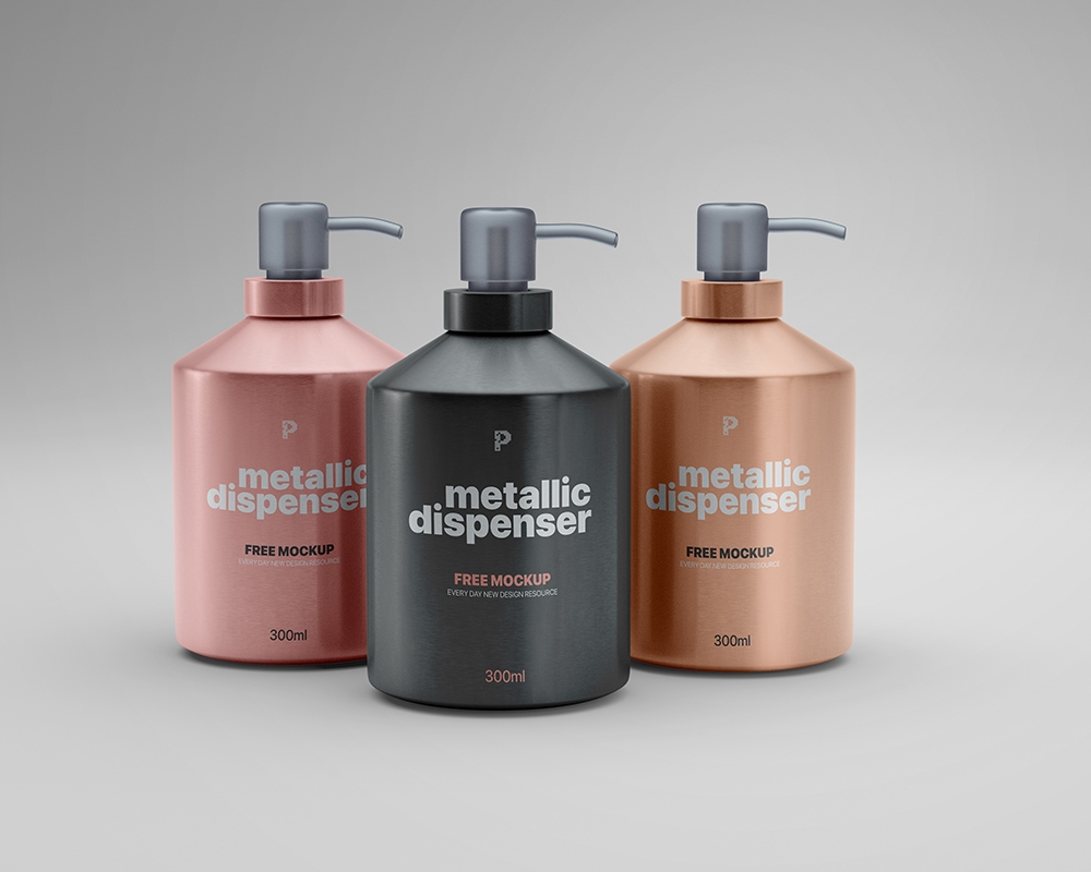 Front View of Three Metallic Pump Dispenser Bottles Mockup