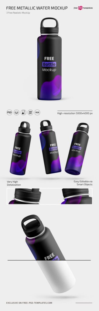 Front View of Three Metallic Water Bottle Mockups