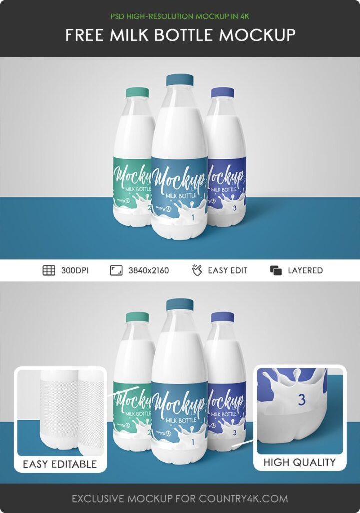 Front View of Three Milk Bottles Mockup