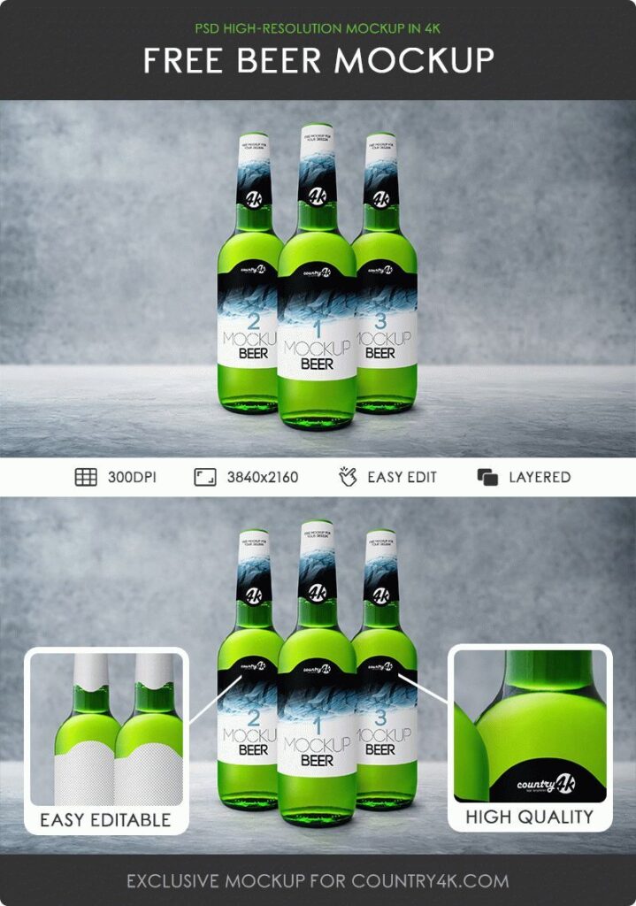 Front View of Three Standing Beer Bottles Mockup