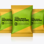 Front View of Three Standing Foil Snack Packaging Mockup