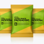 Front View of Three Standing Foil Snack Packaging Mockup