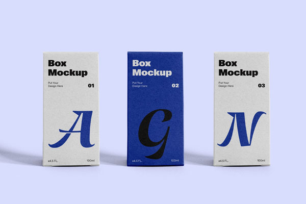 Front View of 3 Vertical Packaging Boxes Mockup