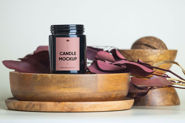 Front View of Trendy Candle Mockup with Wooden Bowl