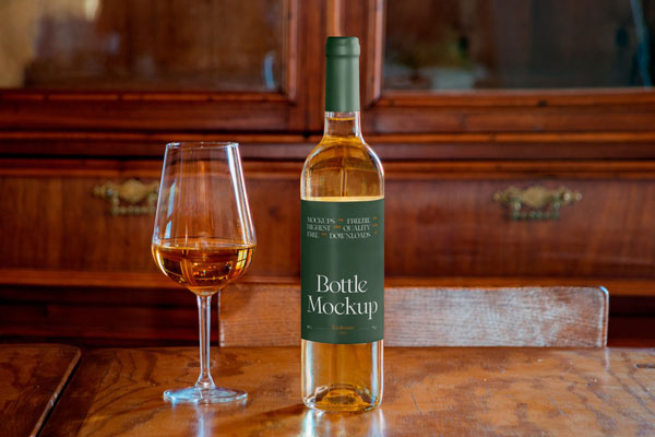 Front View of Trendy Wine Bottle Mockup with Glass