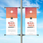 Front View of Two Advertising Lamp Post Banners Mockup