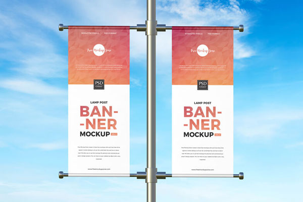 Front View of Two Advertising Lamp Post Banners Mockup