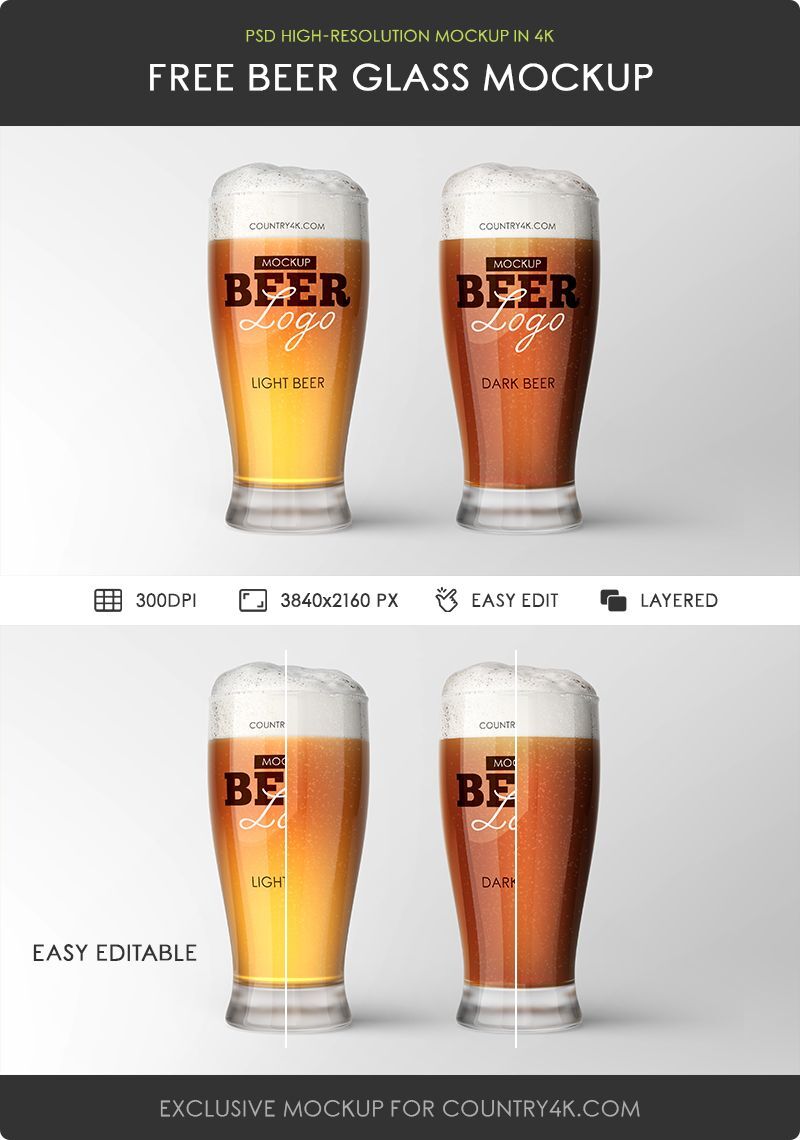 Front View of Two Beer Glasses with Light and Dark Beer Mockup FREE PSD