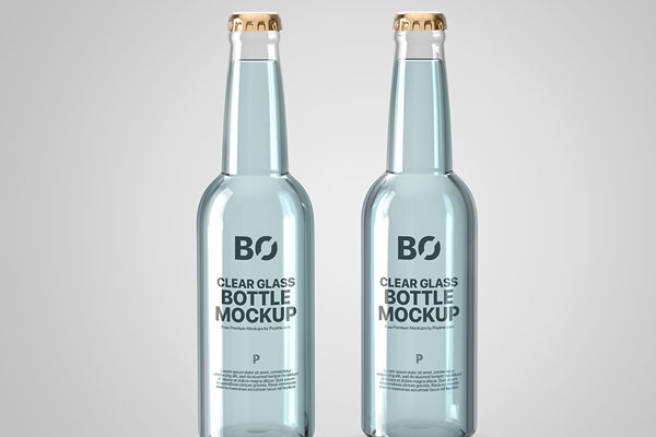 Front View of Two Clear Beverage Glass Bottles Mockup