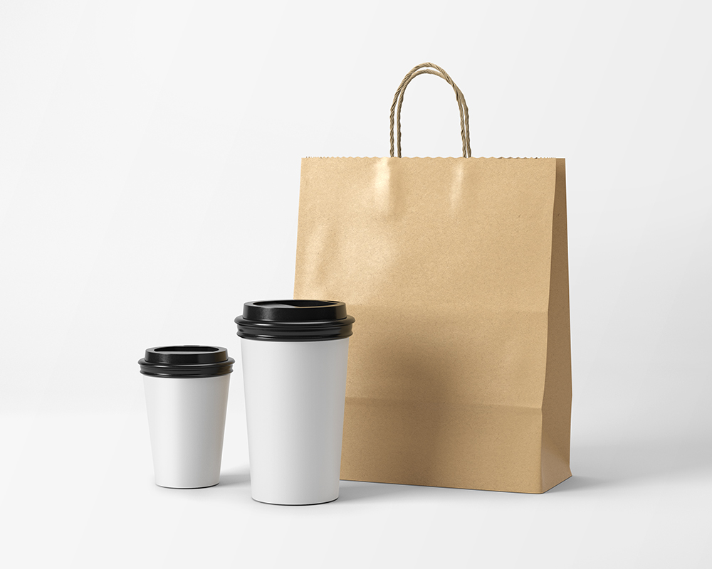 Front View of Two Coffee Cups and a Paper Bag Mockup