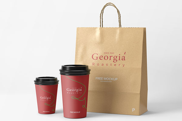 Front View of Two Coffee Cups and a Paper Bag Mockup