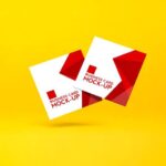 Front View of Two Falling Square Business Cards Mockup