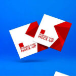 Front View of Two Falling Square Business Cards Mockup