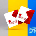 Front View of Two Falling Square Business Cards Mockup