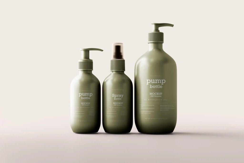 Front View of Two Pump Bottles and Spray Bottle Mockup