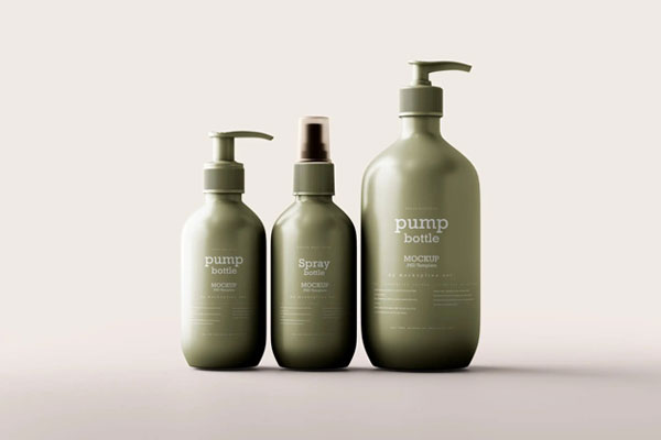 Front View of Two Pump Bottles and Spray Bottle Mockup
