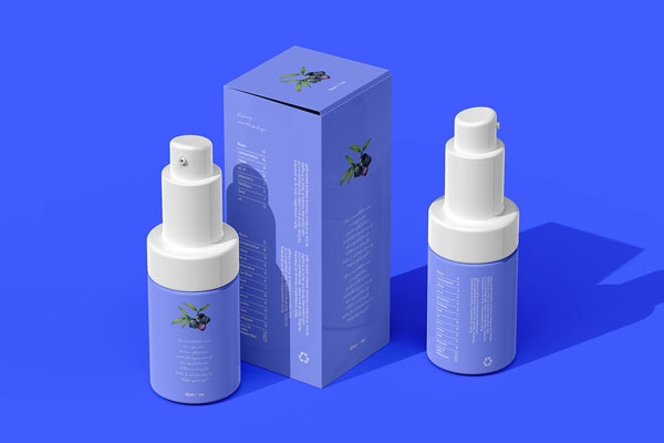 Front View of Two Pump Spray Bottles and a Packaging Box Mockup