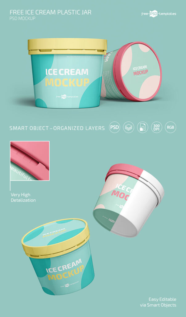 Front View of Two Realistic Ice Cream Plastic Jar Mockups