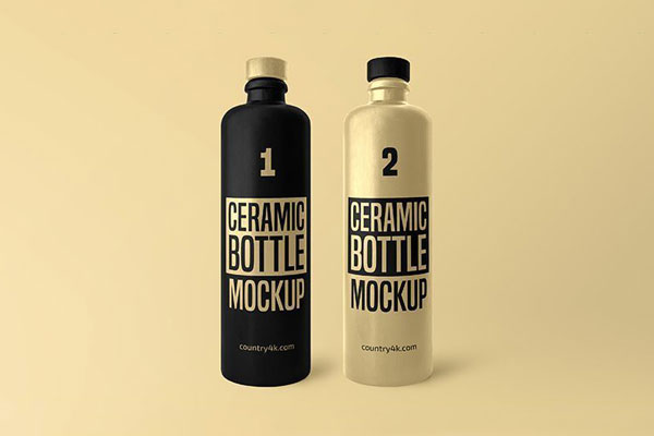 Front View of Two Standing Ceramic Bottles Mockup