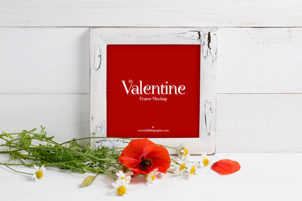Front View of Valentine Frame Mockup with Red Poppies