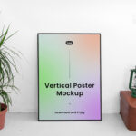 Front View of Vertical Poster Frame Mockup with Plant