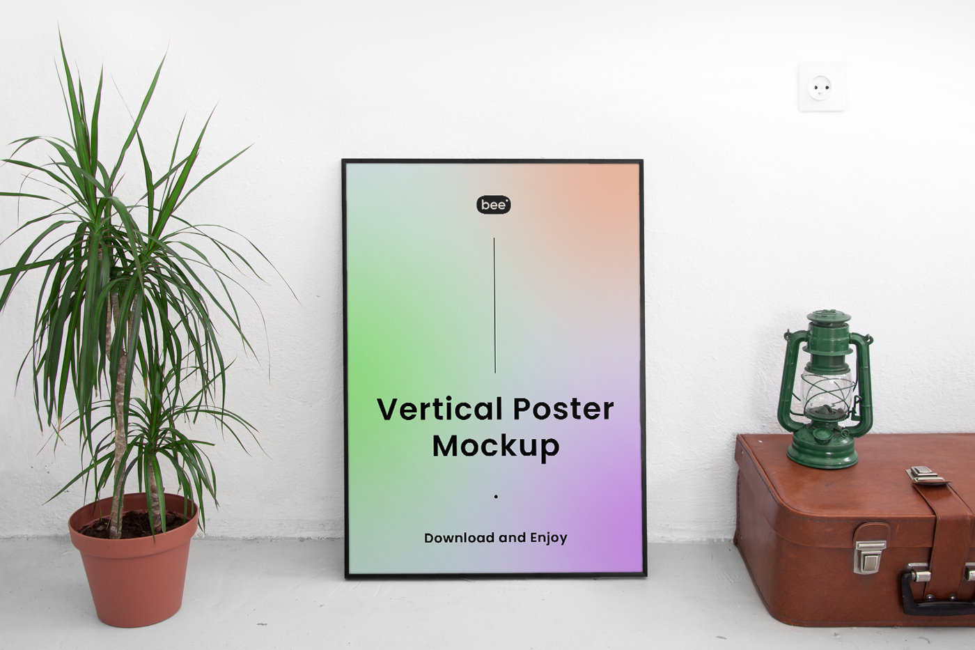 Front View of Vertical Poster Frame Mockup with Plant FREE PSD