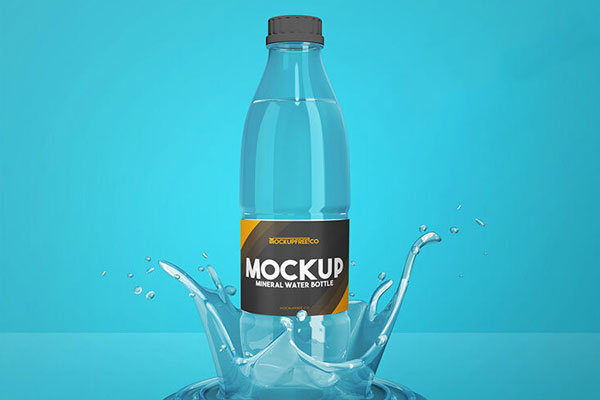Front View of Water Bottle Standing on Water Splash Stand Mockup