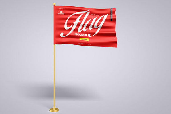 Front View Pole with Wavy Flag Mockup in Plain Setting