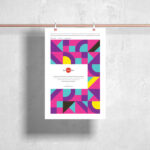 Front View Poster Hanging from Metal Bar Against Wall Mockup