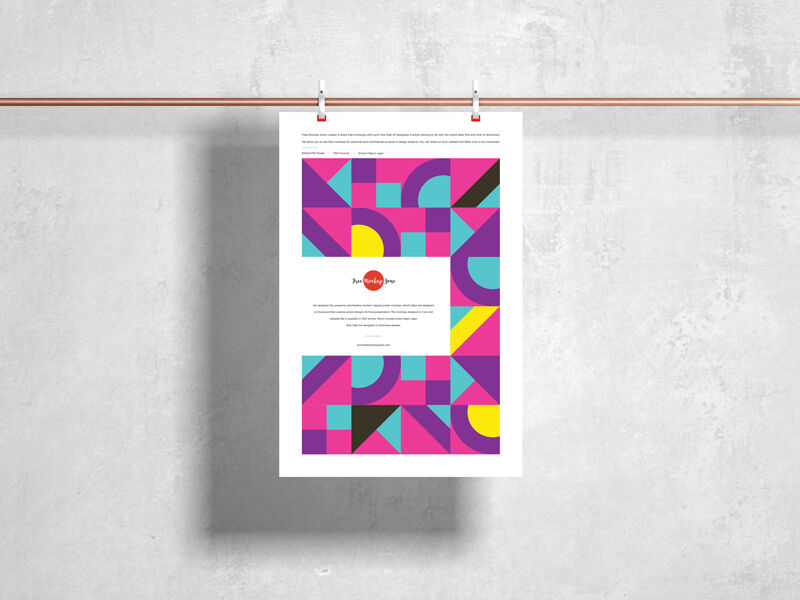 Front View Poster Hanging from Metal Bar Against Wall Mockup