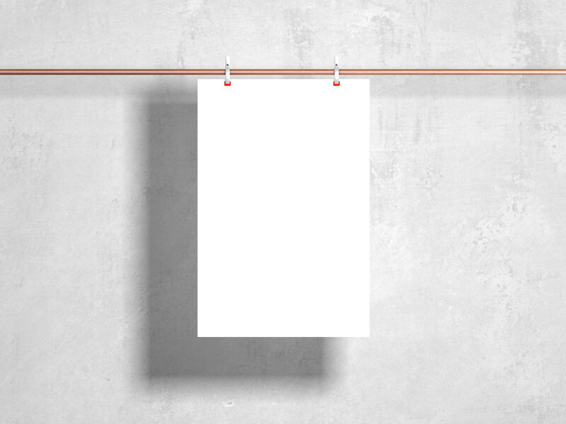 Front View Poster Hanging from Metal Bar Against Wall Mockup