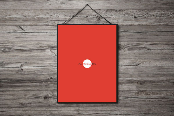 Front View Poster Hanging on Wooden Wall Mockup