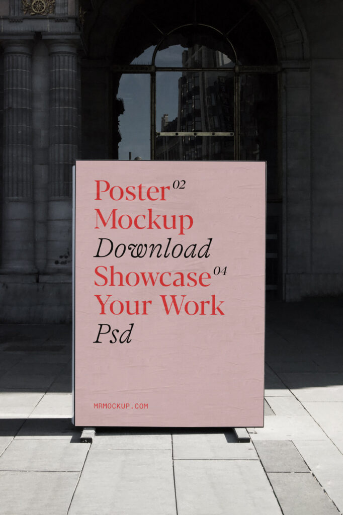 Front View Poster Stand Mockup on Pavement