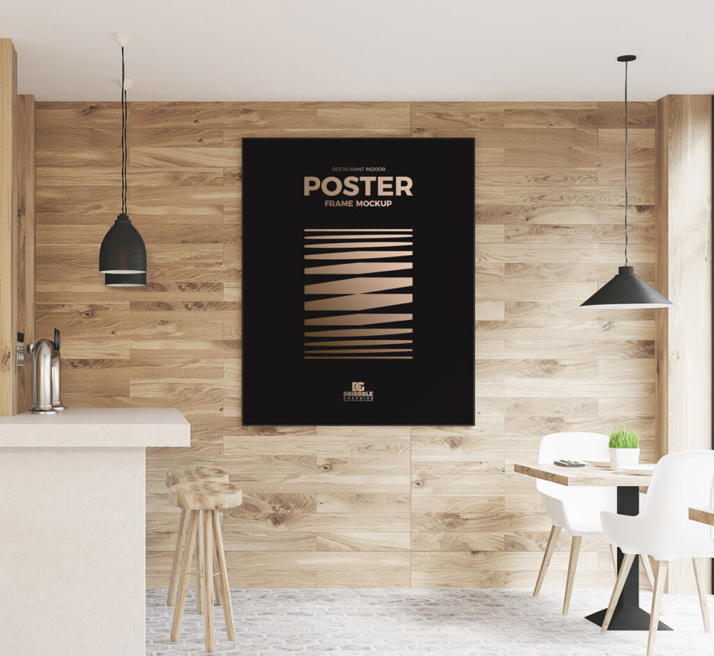 Front View Restaurant Indoor Wooden Wall Poster Frame Mockup