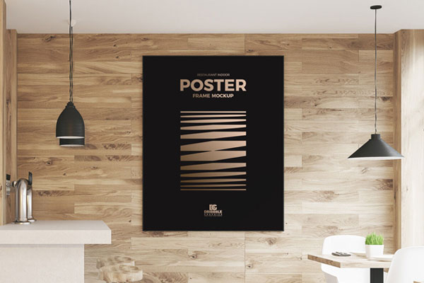 Front View Restaurant Indoor Wooden Wall Poster Frame Mockup