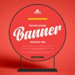 Front View Round Banner Stand Mockup in Plain Setting