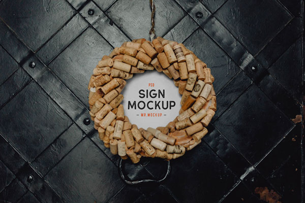 Front View Round Restaurant Sign Mockup Against Metal Wall