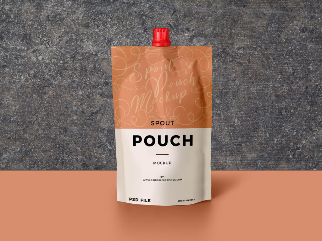 Front View Spout Pouch Mockup Standing Against Textured Wall