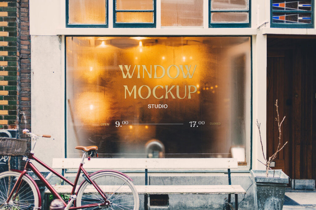 Front View Steamed Window Mockup with a Bicycle