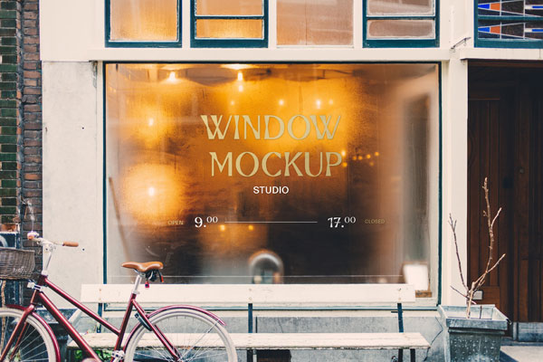 Front View Steamed Window Mockup with a Bicycle